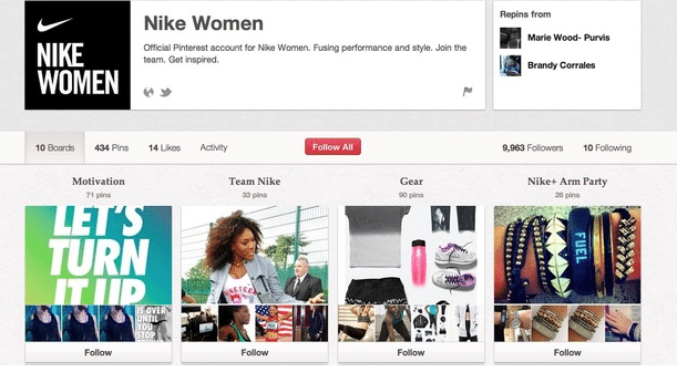 Social media: compte Pinterest Nike Women 