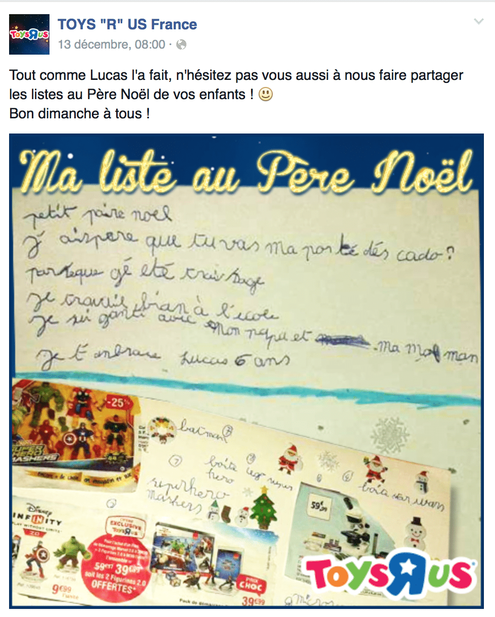 Post Facebook Toy'R'US "ma liste au père nôel" - community management