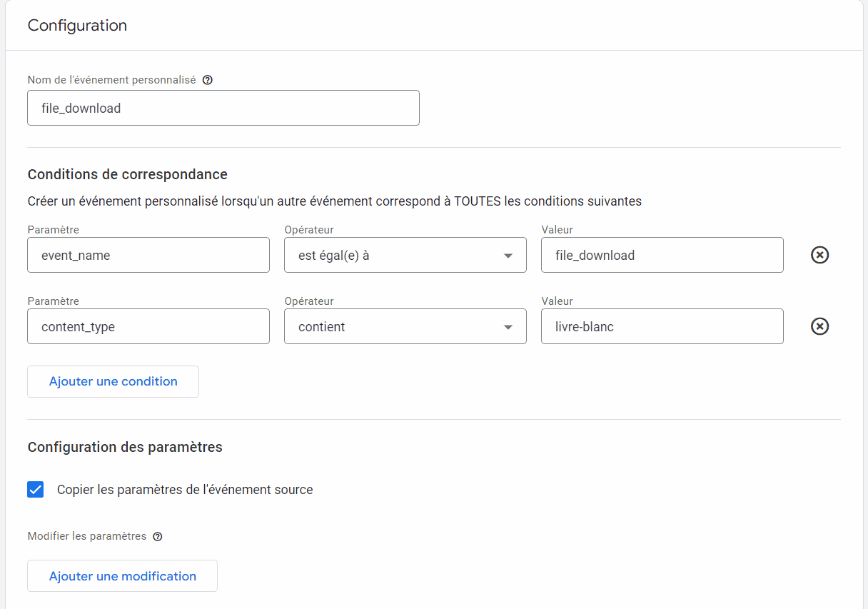 préciser l'événement dans GA4 pour créer un événement google analytics