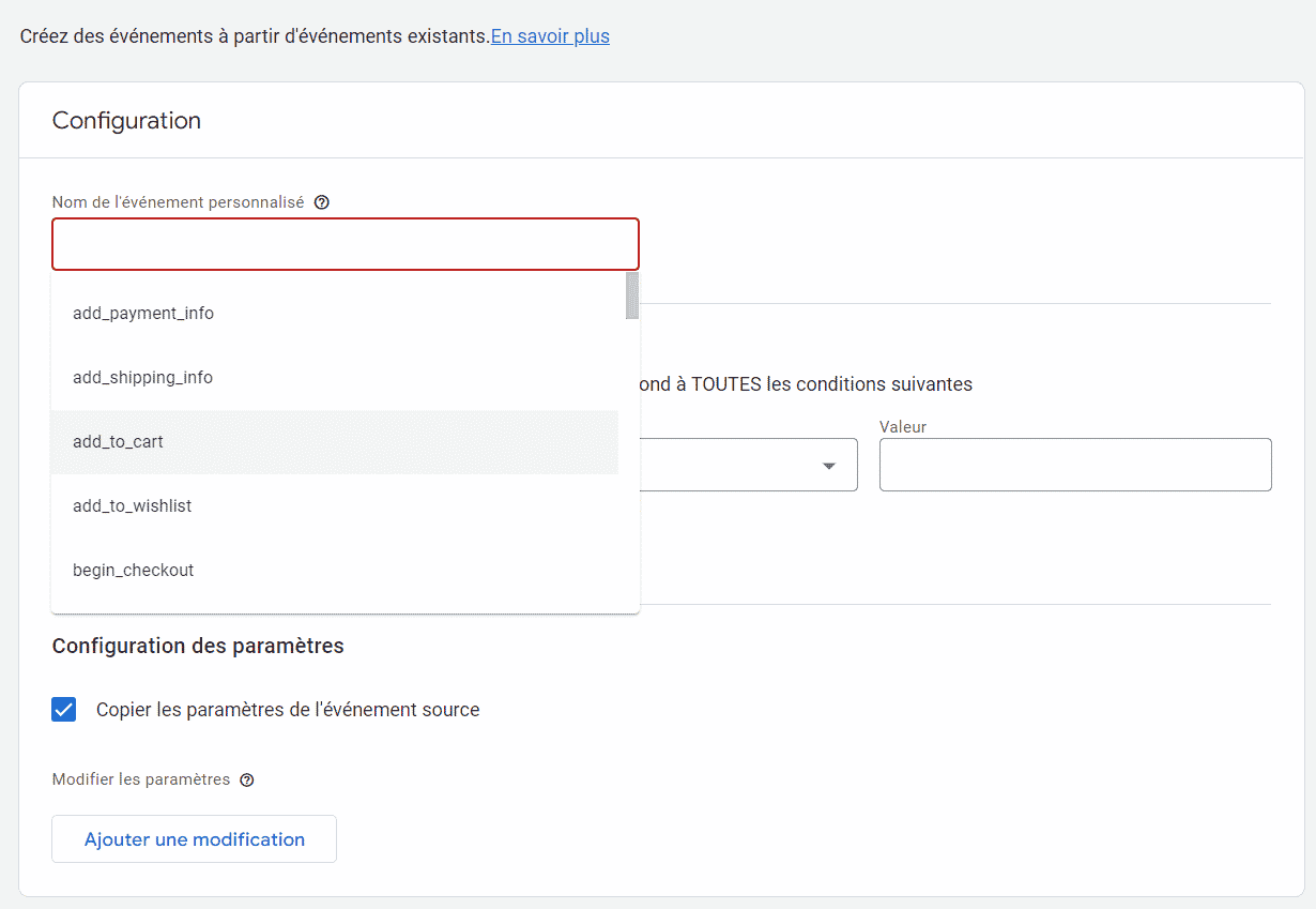 sélectionner nom de l'événement personnalisée dans GA4 pour créer un événement google analytics