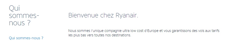 Page à propos de la compagnie low cost Ryanair