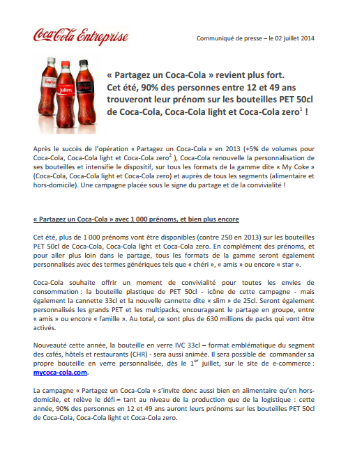 Communiqué de presse Coca-Cola