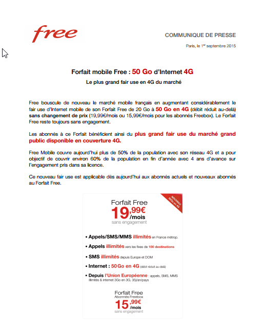 Communiqué de presse Free