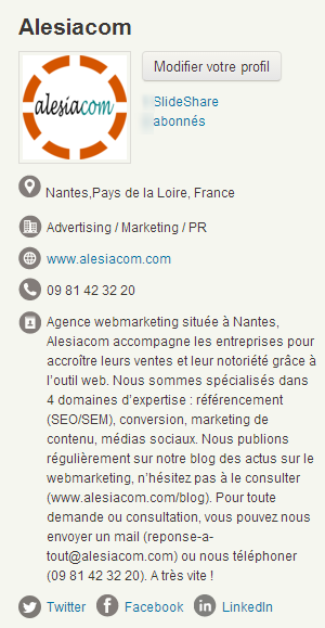 Exemple de profil renseigné sur Slideshare