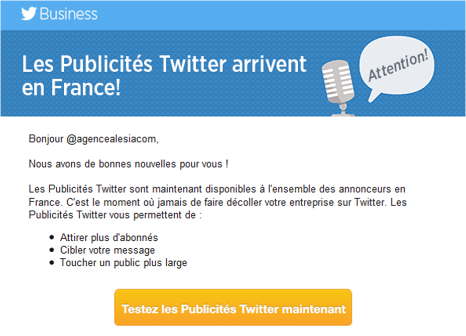 Mail de Twitter expliquant le but des publicités