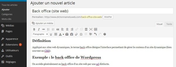 Back office wordpress