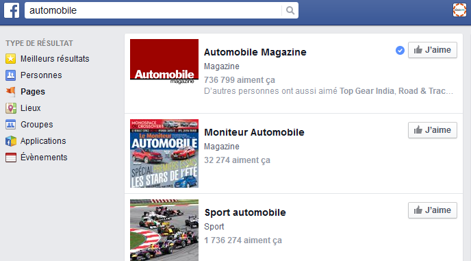 Facebook : recherche des pages auto influentes