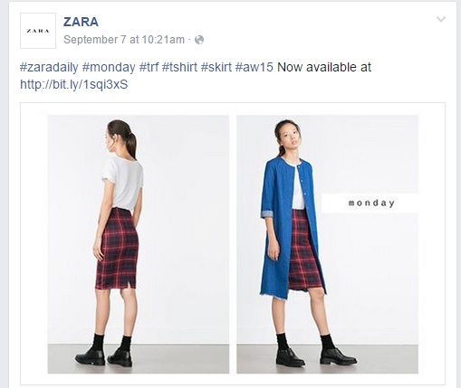 Exemple de post sur le compte Facebook de Zara