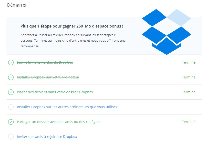 Dropbox - indicateurs de progrès