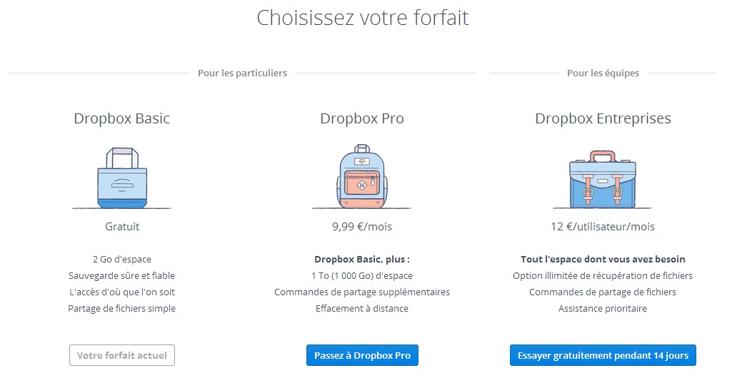 Pricing page Dropbox